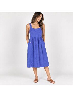 Francesca Bertini 100% Linen Blue Midi Dress Made in Italy Size S Pockets